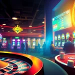 Exciting casino scene with players enjoying poker and bóng đá 7M scores on digital displays.